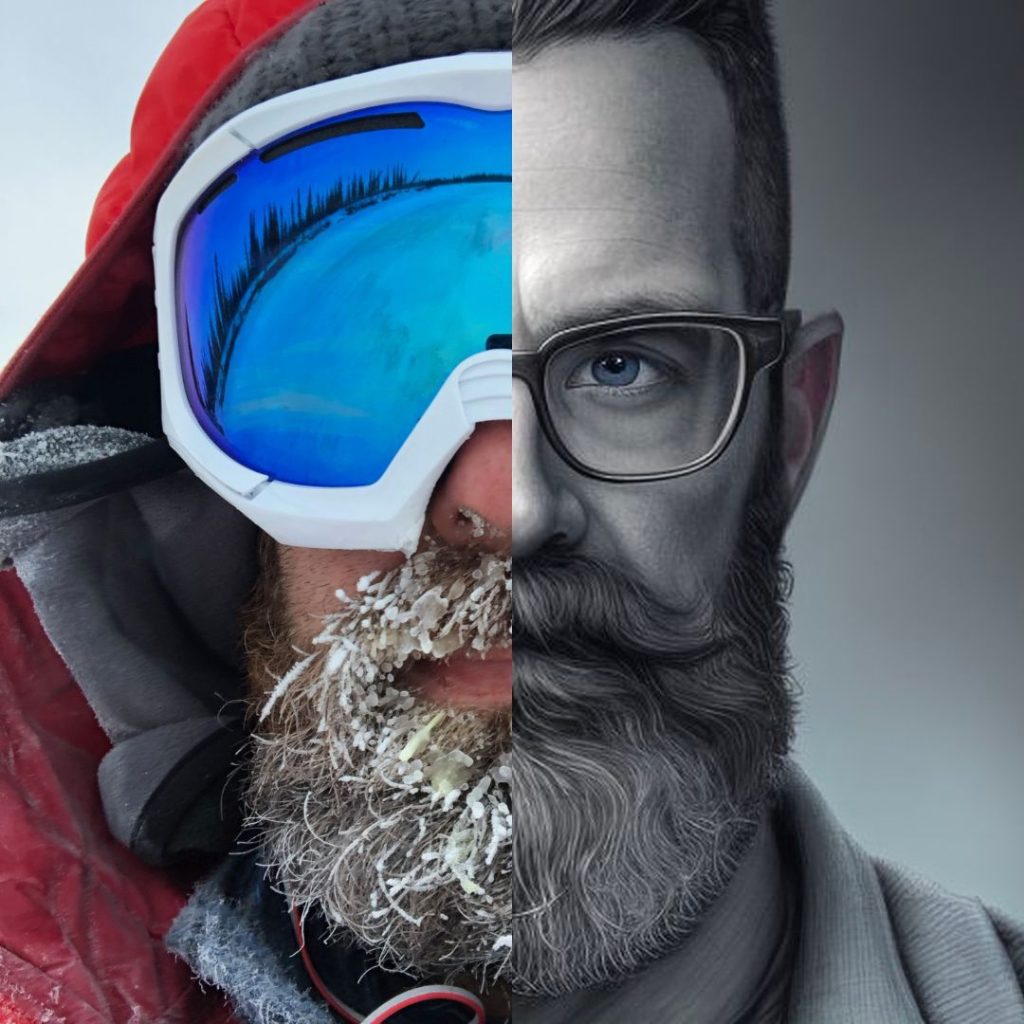 Split portrait of Paul Watkins, mountaineering and illustrated