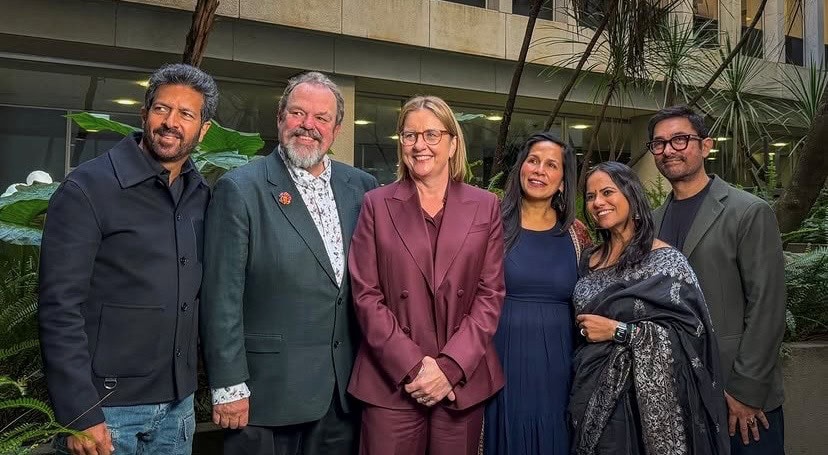 Professor Arnold Dix with Aamir Khan, Kabir Khan, Mitu Bhowmick Lange and Aparna Purohit at the Melbourne announcement