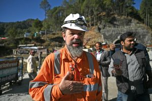 Speaking with media at the Silkyara tunnel rescue site
