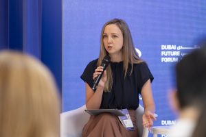 Jo Lepore on a panel at the Dubai Future Forum